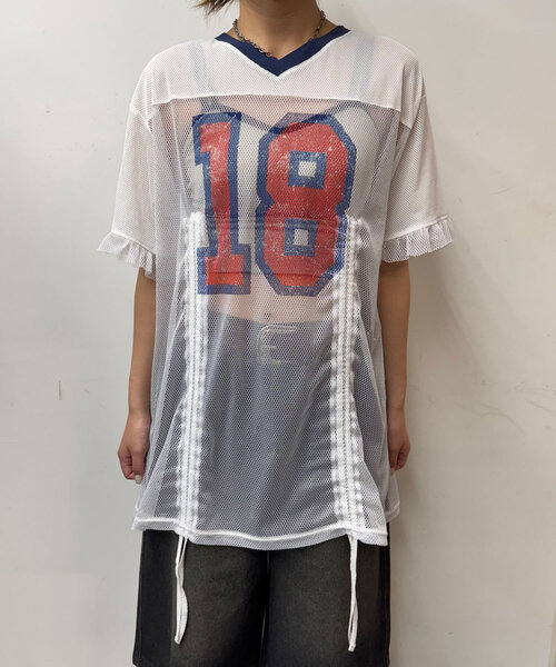 CIAOPANIC(チャオパニック)の「メッシュナンバリングシャーリングTee(Tシャツ/カットソー・レディース・ホワイト/ベージュ/チャコールグレー/ブルー・ONE SIZE)」の15枚目の写真