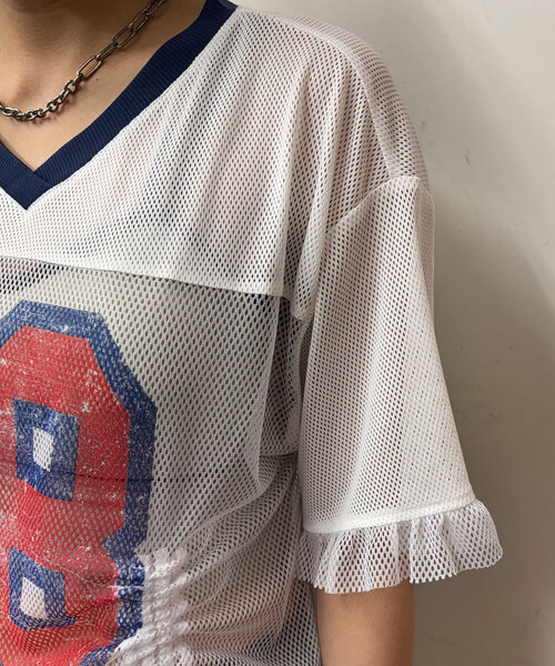 CIAOPANIC(チャオパニック)の「メッシュナンバリングシャーリングTee(Tシャツ/カットソー・レディース・ホワイト/ベージュ/チャコールグレー/ブルー・ONE SIZE)」の18枚目の写真