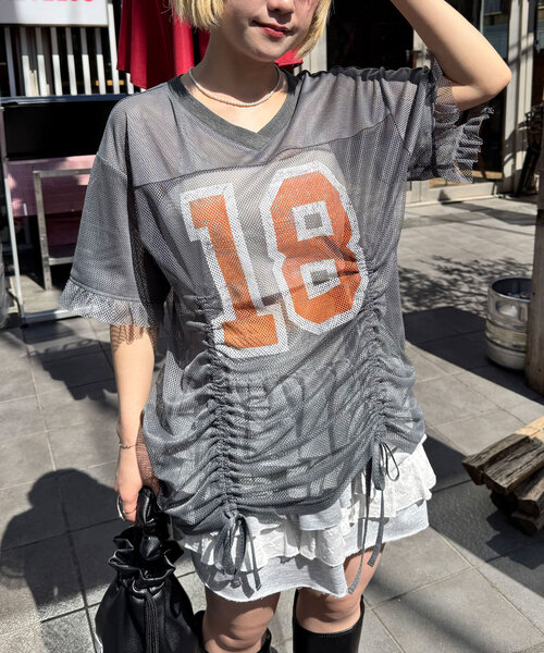 CIAOPANIC（チャオパニック）の「メッシュナンバリングシャーリングTee（Tシャツ/カットソー・レディース・ホワイト/チャコールグレー/ベージュ/ブルー・ONE SIZE）」の7枚目の写真