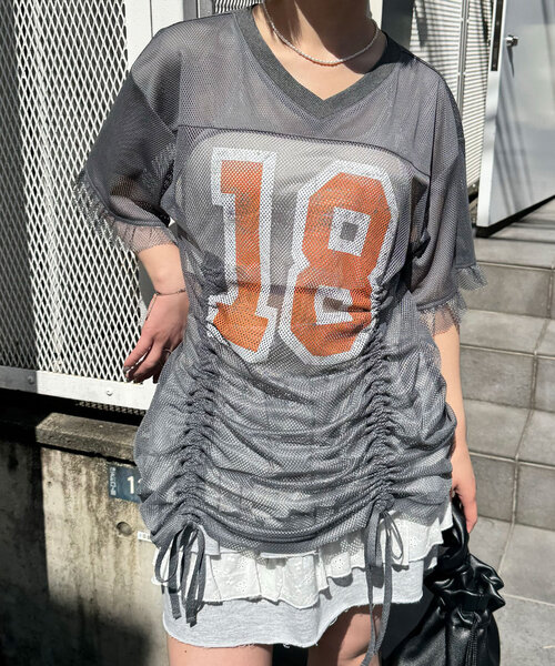 CIAOPANIC（チャオパニック）の「メッシュナンバリングシャーリングTee（Tシャツ/カットソー・レディース・ホワイト/チャコールグレー/ベージュ/ブルー・ONE SIZE）」の8枚目の写真