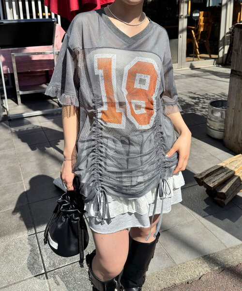 CIAOPANIC（チャオパニック）の「メッシュナンバリングシャーリングTee（Tシャツ/カットソー・レディース・ホワイト/チャコールグレー/ベージュ/ブルー・ONE SIZE）」の9枚目の写真