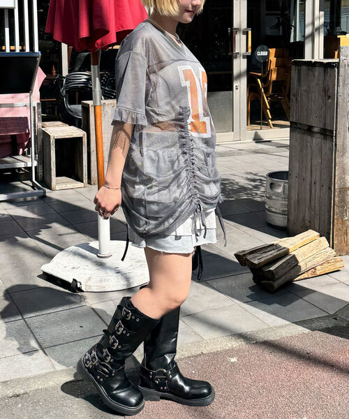 CIAOPANIC（チャオパニック）の「メッシュナンバリングシャーリングTee（Tシャツ/カットソー・レディース・ホワイト/チャコールグレー/ベージュ/ブルー・ONE SIZE）」の12枚目の写真
