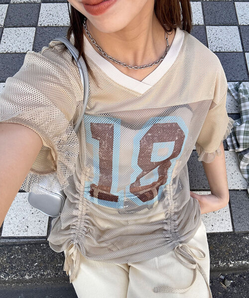 CIAOPANIC（チャオパニック）の「メッシュナンバリングシャーリングTee（Tシャツ/カットソー・レディース・ホワイト/チャコールグレー/ベージュ/ブルー・ONE SIZE）」の14枚目の写真