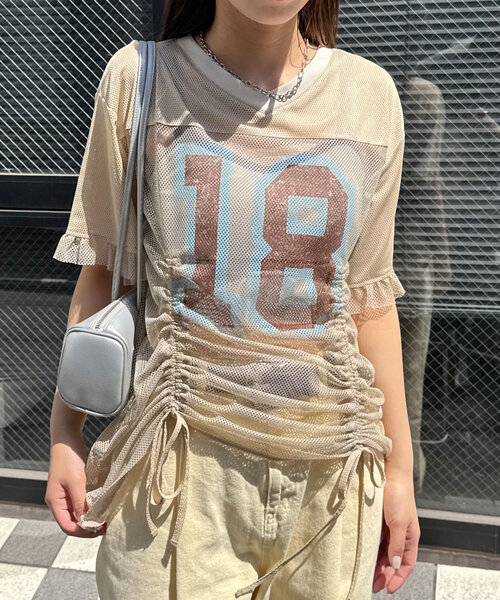 CIAOPANIC（チャオパニック）の「メッシュナンバリングシャーリングTee（Tシャツ/カットソー・レディース・ホワイト/チャコールグレー/ベージュ/ブルー・ONE SIZE）」の15枚目の写真