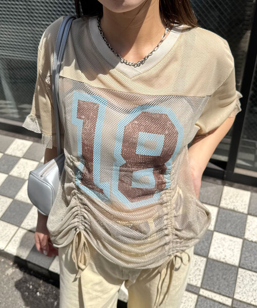 CIAOPANIC（チャオパニック）の「メッシュナンバリングシャーリングTee（Tシャツ/カットソー・レディース・ホワイト/チャコールグレー/ベージュ/ブルー・ONE SIZE）」の16枚目の写真