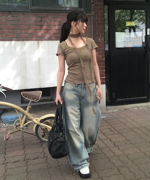 バックポケット裾ボタンサイド切替ワイドデニムパンツ