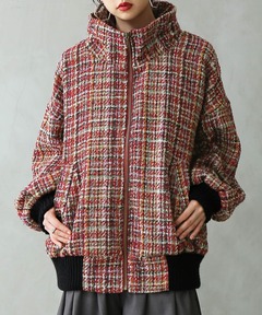 セール】マルチツイード ラウンドカラージャケット（ノーカラー