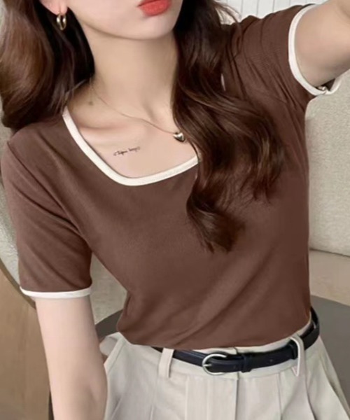 deux amour(ドゥーザムール)の「バインダー配色スクエア半袖Tシャツ(Tシャツ/カットソー・レディース・ブラック/アイボリー/ホワイト/ブラウン・FREE)」の1枚目の写真
