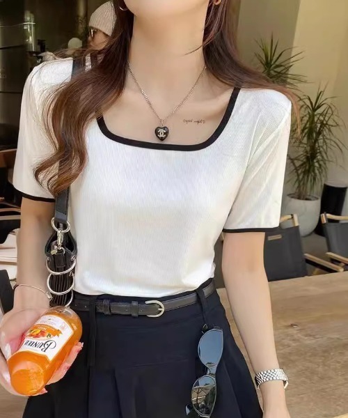 deux amour(ドゥーザムール)の「バインダー配色スクエア半袖Tシャツ(Tシャツ/カットソー・レディース・ブラック/アイボリー/ホワイト/ブラウン・FREE)」の6枚目の写真