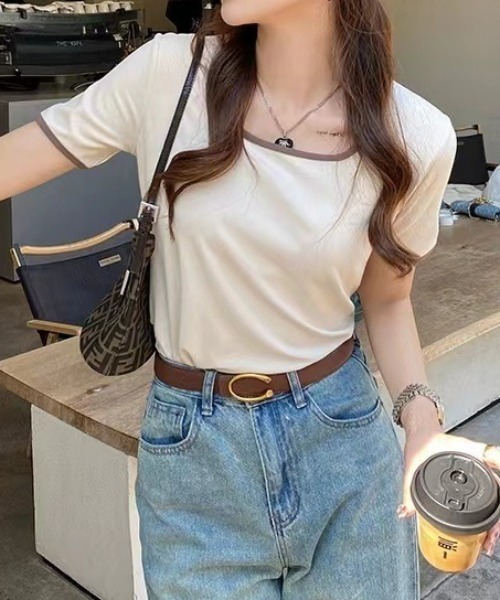 deux amour(ドゥーザムール)の「バインダー配色スクエア半袖Tシャツ(Tシャツ/カットソー・レディース・ブラック/アイボリー/ホワイト/ブラウン・FREE)」の11枚目の写真