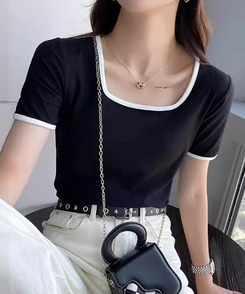 deux amour(ドゥーザムール)の「バインダー配色スクエア半袖Tシャツ(Tシャツ/カットソー・レディース・ブラック/アイボリー/ホワイト/ブラウン・FREE)」の14枚目の写真