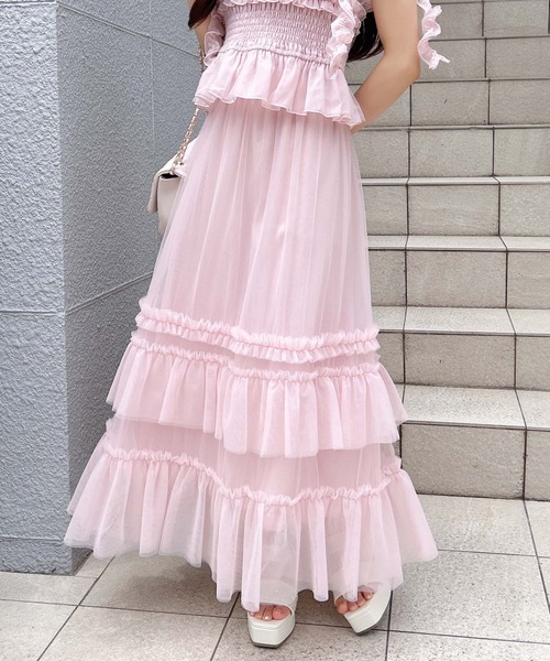 スカートのフリルの美しいチュールイブニングドレス ♩.• セール】チュールフリルスカート(セットアップ対応)（スカート