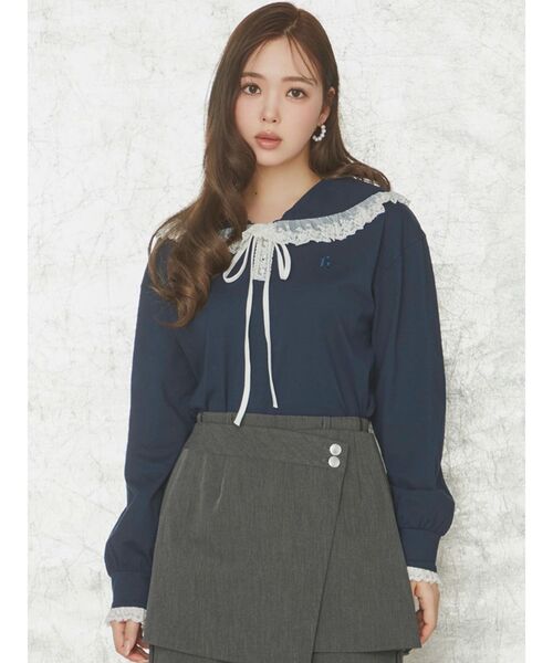 CALNAMUR（カルナムール）の「レースフリルトリミングロンティー（Tシャツ/カットソー・レディース・ホワイト/ネイビー/グレー・FREE）」の4枚目の写真