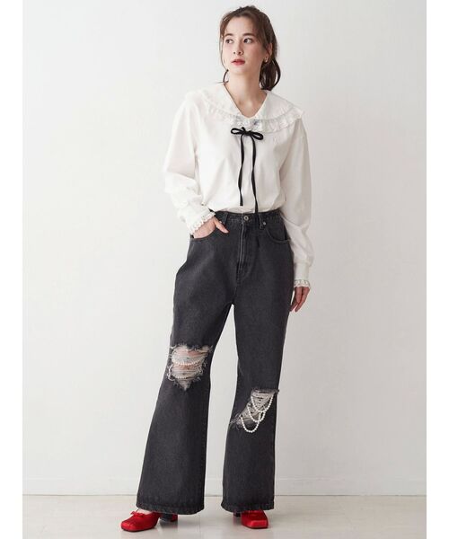 tシャツ レースフリルトリミングロンティー レディース レースフリルトリミングロンティー（Tシャツ/カットソー