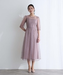 結婚式 二次会 パーティー ドレス ラメ レース バックダブルリボン2点セット Aライン ロング&七分袖 セレモニー フォーマル オケージョンドレス 同窓会 成人式 お呼ばれ 謝恩会 20代 30代