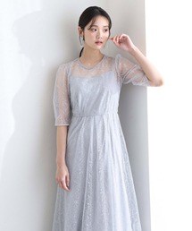 結婚式 二次会 パーティー ドレス ラメ レース バックダブルリボン2点セット Aライン ロング&七分袖 セレモニー フォーマル オケージョンドレス 同窓会 成人式 お呼ばれ 謝恩会 20代 30代