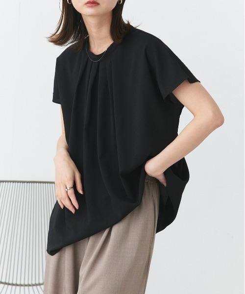 ad thie(アドティエ)の「ジョーゼット フロントタック フレンチスリーブブラウス(シャツ/ブラウス・レディース・ブラック/グレー系/オフホワイト・FREE)」の16枚目の写真