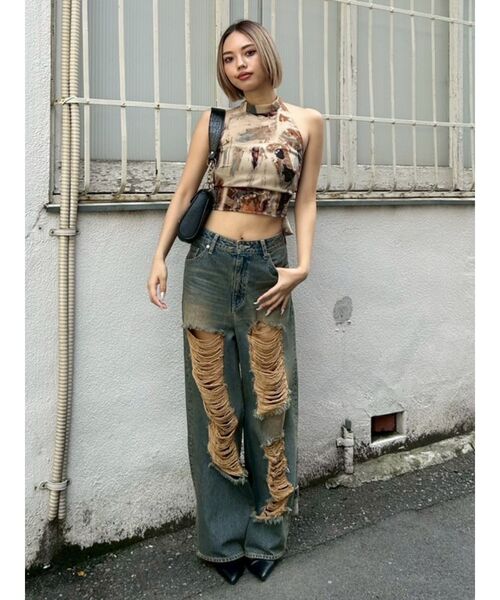 完売人気！evris ハイウエスト　ダメージワイドデニムパンツ 完売品】エヴリス 【ハイウエスト】ダメージワイドデニムパンツ