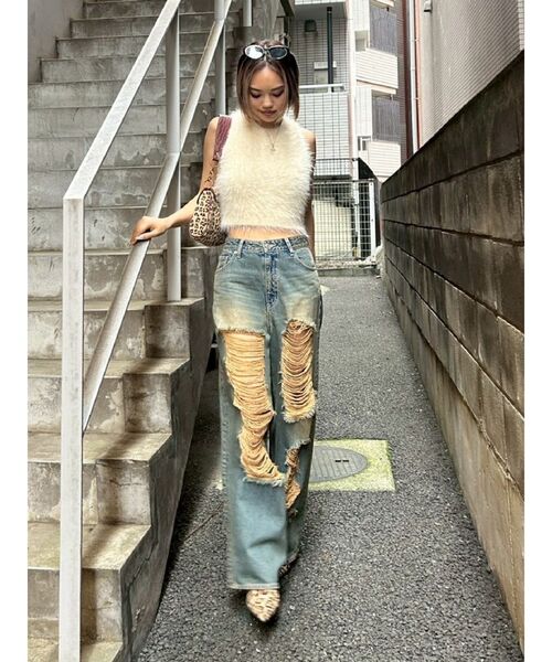 完売人気！evris ハイウエスト　ダメージワイドデニムパンツ セール】ハイダメージワイドデニムパンツ（デニムパンツ