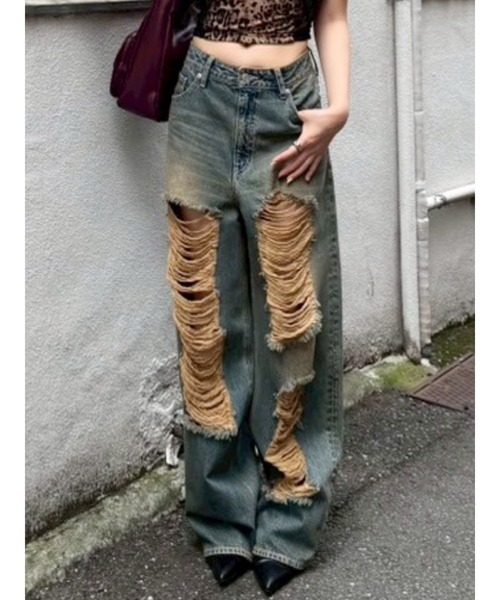 【美品】EVRIS ダメージワイドデニムパンツ エヴリス EVRIS ダメージワイドデニムパンツ （インディゴ
