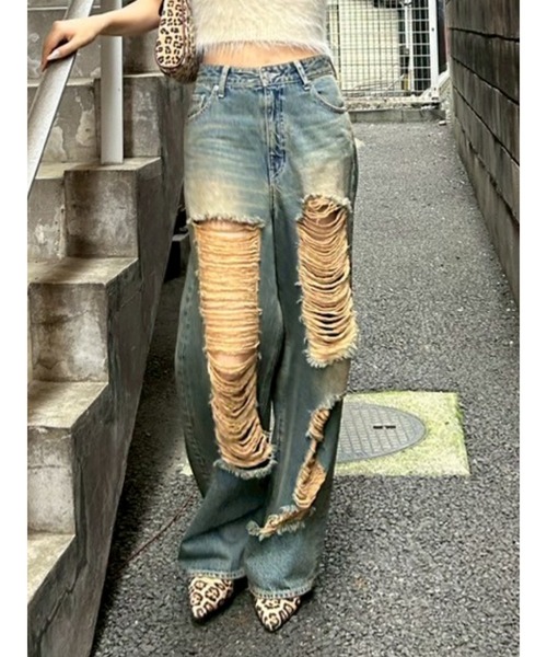 EVRIS デニムパンツ セール】【再生産！】レースグラフィックワイドデニムパンツ