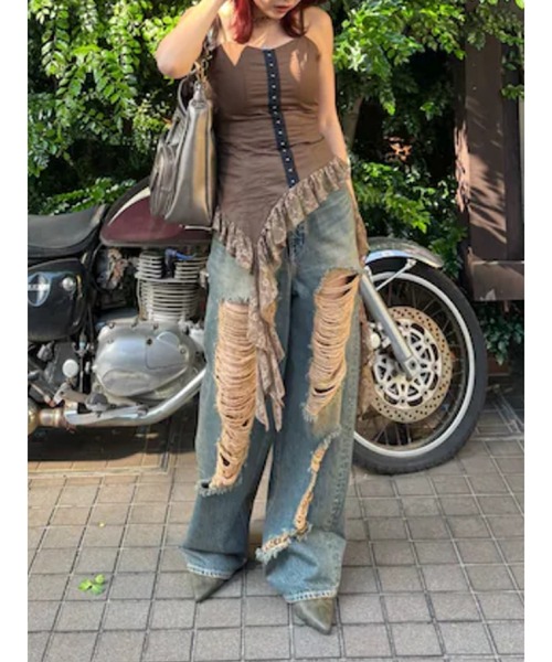 EVRIS（エヴリス）の「ハイダメージワイドデニムパンツ（デニムパンツ・レディース・ブルー/インディゴブルー・MEDIUM/SMALL）」の8枚目の写真