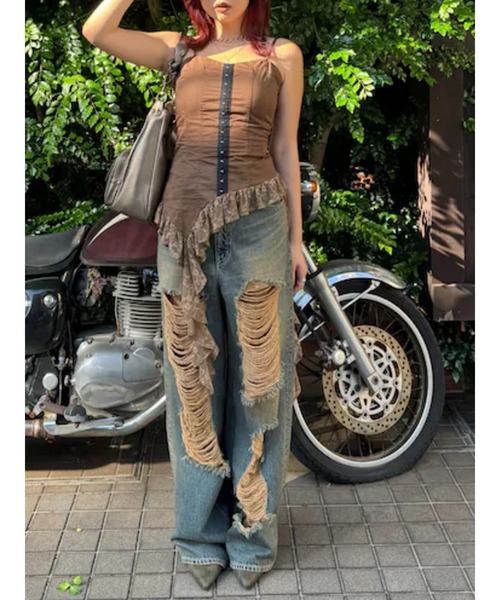 EVRIS（エヴリス）の「ハイダメージワイドデニムパンツ（デニムパンツ・レディース・ブルー/インディゴブルー・MEDIUM/SMALL）」の7枚目の写真