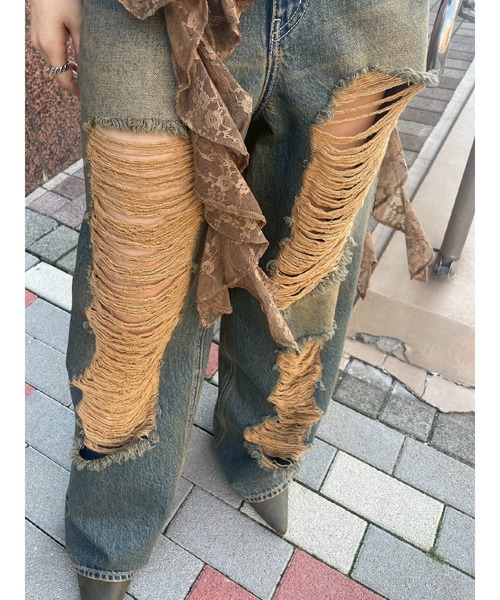 EVRIS（エヴリス）の「ハイダメージワイドデニムパンツ（デニムパンツ・レディース・ブルー/インディゴブルー・MEDIUM/SMALL）」の6枚目の写真