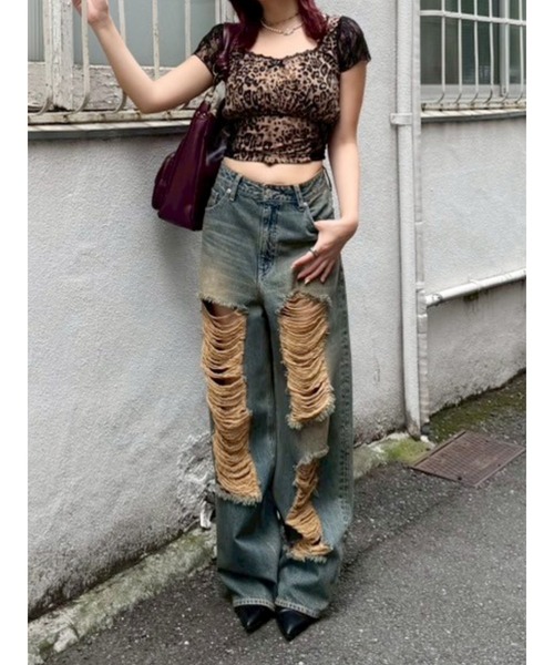 完売人気！evris ハイウエスト　ダメージワイドデニムパンツ セール】ハイダメージワイドデニムパンツ（デニムパンツ