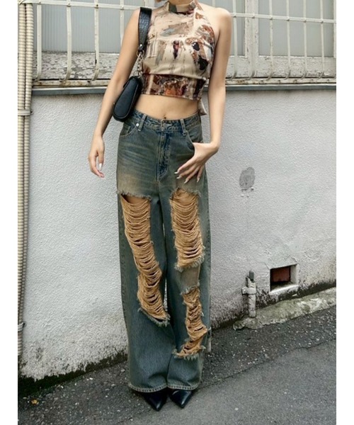 セール】ハイダメージワイドデニムパンツ（デニムパンツ