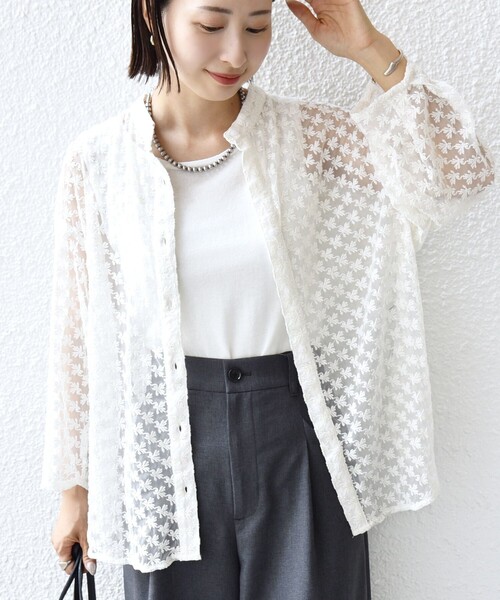 ブラウス シャツ 「手洗い可能」フラワー チュール 刺繍 シャツ レディース 手洗い可能〉フラワー チュール 刺繍 シャツ（シャツ/ブラウス