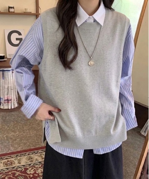 SHEPP(シープ)の「【UNISEX】サイドスリットクルーネックニットベスト(ベスト・メンズ・ブラック/グレー・F)」の1枚目の写真