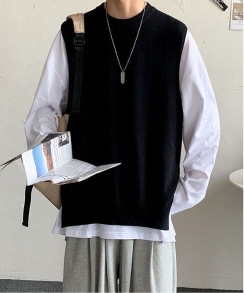 SHEPP(シープ)の「【UNISEX】サイドスリットクルーネックニットベスト(ベスト・メンズ・ブラック/グレー・F)」の6枚目の写真