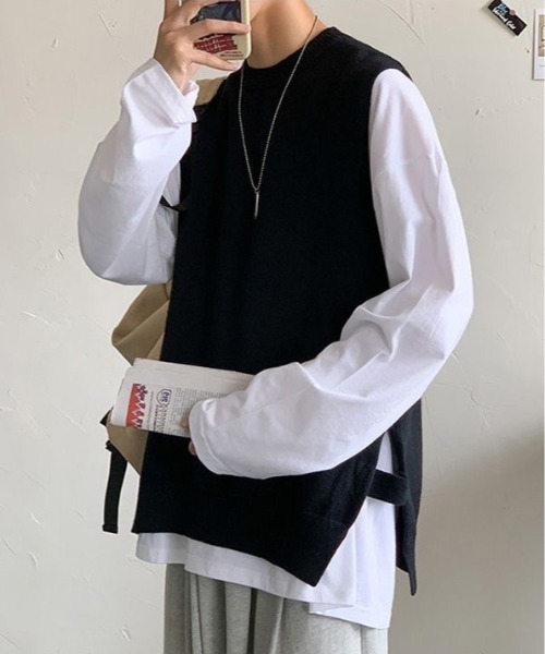 SHEPP(シープ)の「【UNISEX】サイドスリットクルーネックニットベスト(ベスト・メンズ・ブラック/グレー・F)」の7枚目の写真