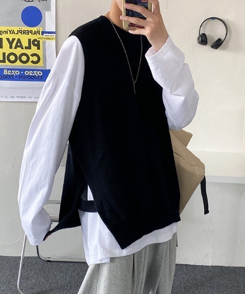 SHEPP(シープ)の「【UNISEX】サイドスリットクルーネックニットベスト(ベスト・メンズ・ブラック/グレー・F)」の9枚目の写真