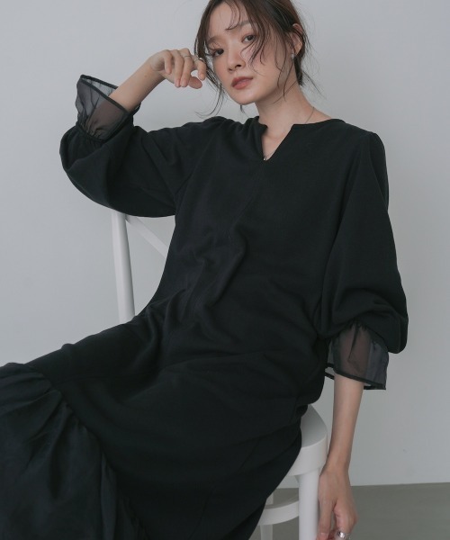 Bab（バブ）の「【選べるサイズ展開】オーガンジー切替スウェットワンピース（ワンピース・レディース・アイボリー/ブラック/ブラウン・S/M/L）」の2枚目の写真