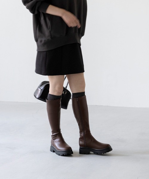 menue（メヌエ）の「ラウンドトゥ 厚底 ストレッチロングブーツ（ブーツ・レディース・ダークブラウン/ブラック系その他/ブラック・S/M/L/LL）」の13枚目の写真