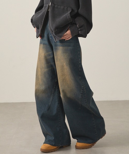Snap club】ヴィンテージ加工ワイドカーブデニムパンツ（デニム