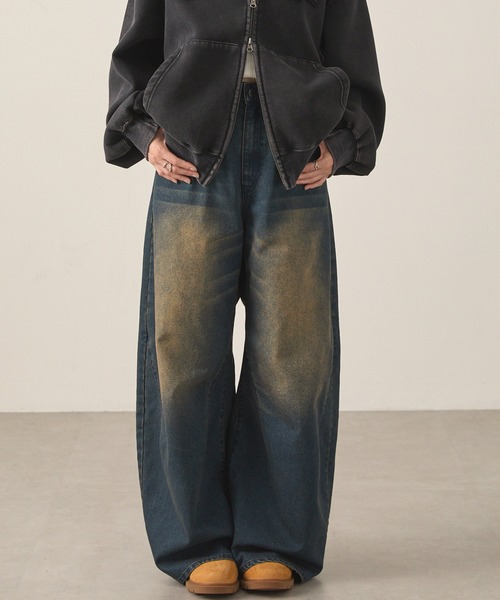 Snap club(スナップクラブ)の「【Snap club】ヴィンテージ加工ワイドカーブデニムパンツ(デニムパンツ・レディース・スミクロ/インディゴブルー/ブラウン/ライトブルー・L/M/S)」の6枚目の写真