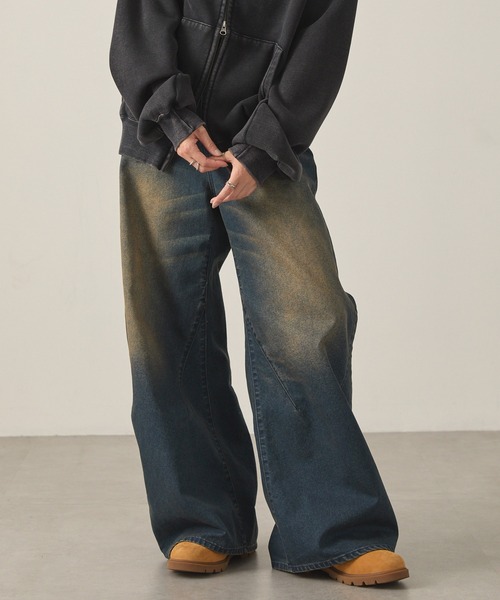 Snap club(スナップクラブ)の「【Snap club】ヴィンテージ加工ワイドカーブデニムパンツ(デニムパンツ・レディース・スミクロ/インディゴブルー/ブラウン/ライトブルー・L/M/S)」の8枚目の写真