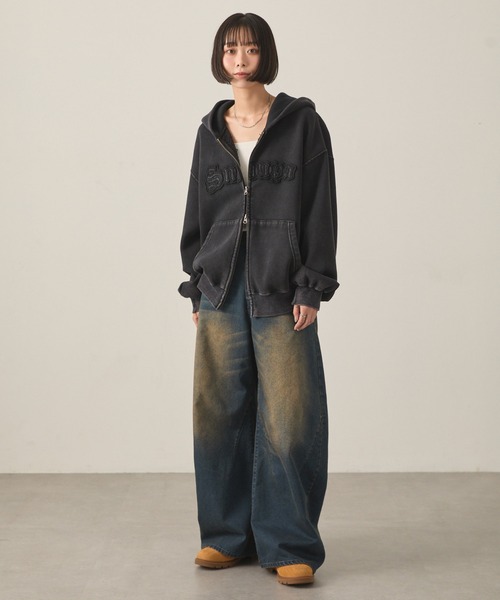 Snap club】ヴィンテージ加工ワイドカーブデニムパンツ（デニムパンツ