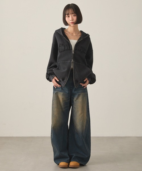 Snap club(スナップクラブ)の「【Snap club】ヴィンテージ加工ワイドカーブデニムパンツ(デニムパンツ・レディース・スミクロ/インディゴブルー/ブラウン/ライトブルー・L/M/S)」の11枚目の写真