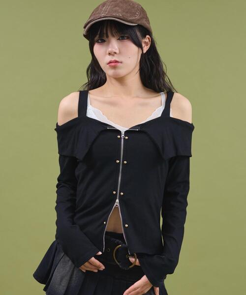 dispark（ディスパーク）の「DISPARK/【25年秋冬新作】オフショルスタッズデザイントップ（Tシャツ/カットソー・レディース・ブラック/ブラウン・FREE）」の9枚目の写真