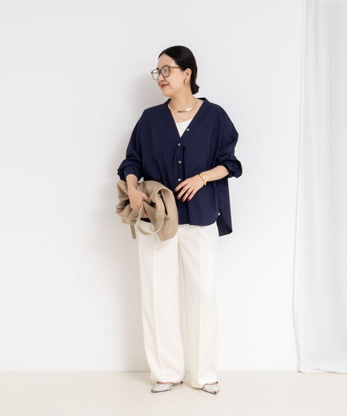 NOLLEY’S Sophi（ノーリーズソフィ）の「ウォッシャブルタイプライターVネック2WAYシャツ（シャツ/ブラウス・レディース・ネイビー/ホワイト/ブルー系その他3・38）」の9枚目の写真