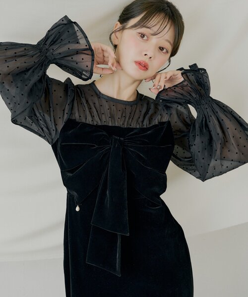 オケージョンドレス　Chico SALON by Chico】配色シアーリボンベロアワンピース/オケージョン