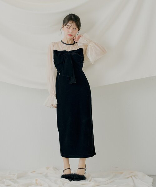 SALON by Chico】配色シアーリボンベロアワンピース/オケージョン