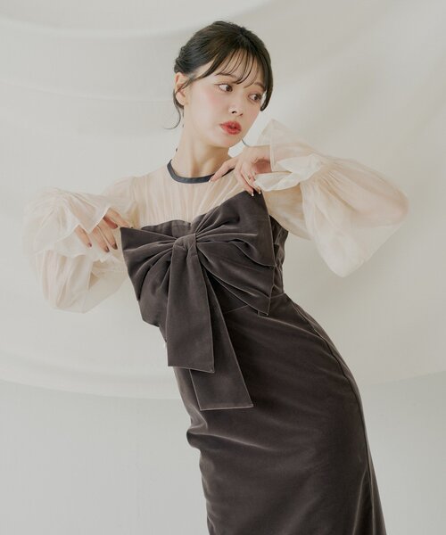 SALON by Chico】配色シアーリボンベロアワンピース/オケージョン