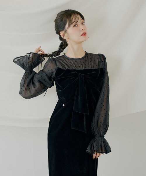 Chico（チコ）の「【SALON by Chico】配色シアーリボンベロアワンピース/オケージョン（ドレス・レディース・チャコールグレー/ブラック/ブラック系その他2/ブラック系その他3・FREE/MEDIUM）」の21枚目の写真