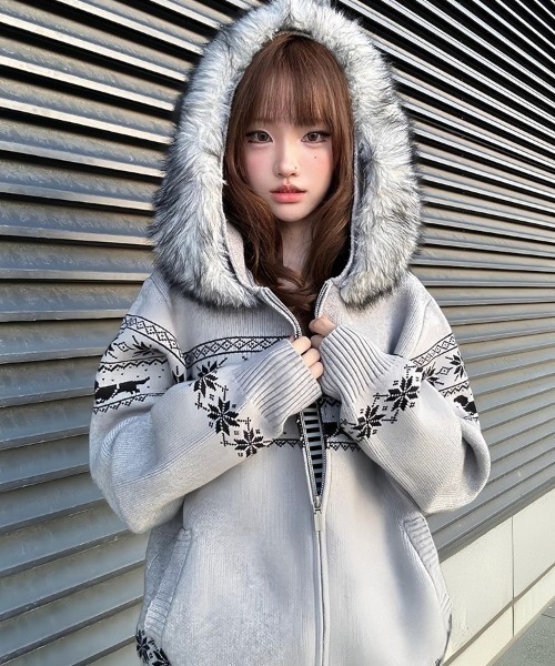 セール】ノルディック柄エコファーフード付きニットカーディガン