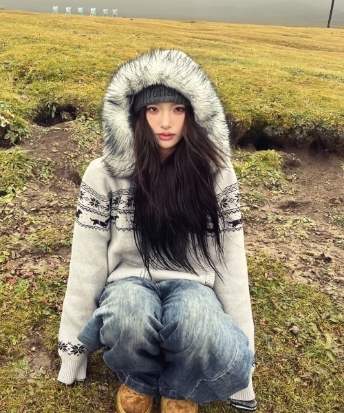 セール】ノルディック柄エコファーフード付きニットカーディガン